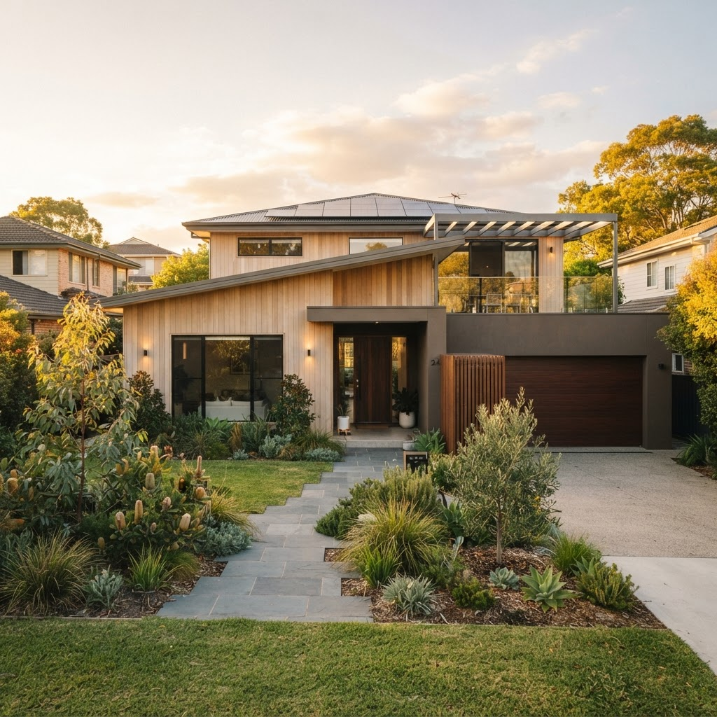 A modern Australian home at golden hour